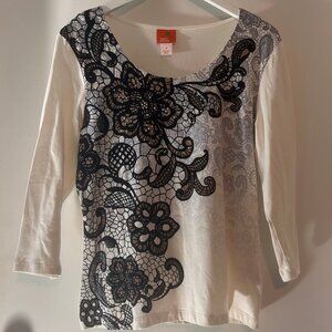 Hearts of Palm Off-White Lace-Print Embellished Top - 3/4 Sleeve Medium